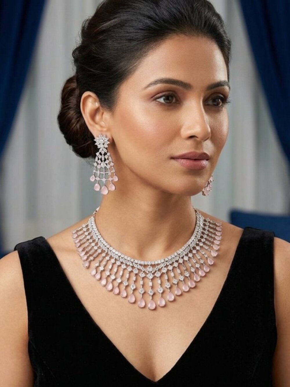 Elegant Silver-Tone Necklace and Dangle Earring Set with Teardrop Pink Faux Gems